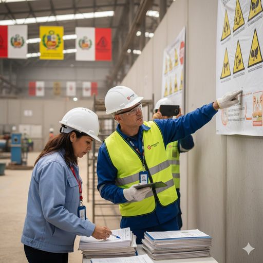 Auditores de seguridad revisando la señalización y los registros de un almacén